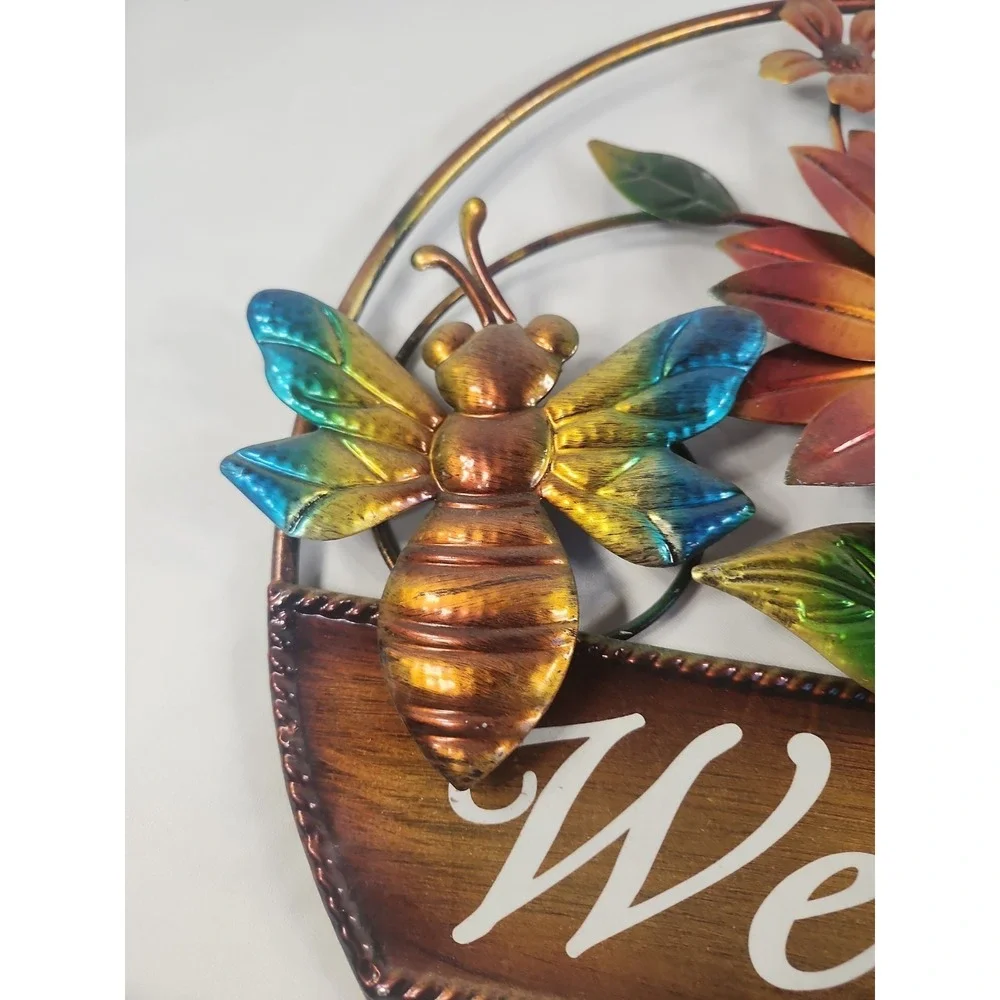 Metal Wall Hanging Welcome Sign Bees And Flowers 15‎ X 15 Inch